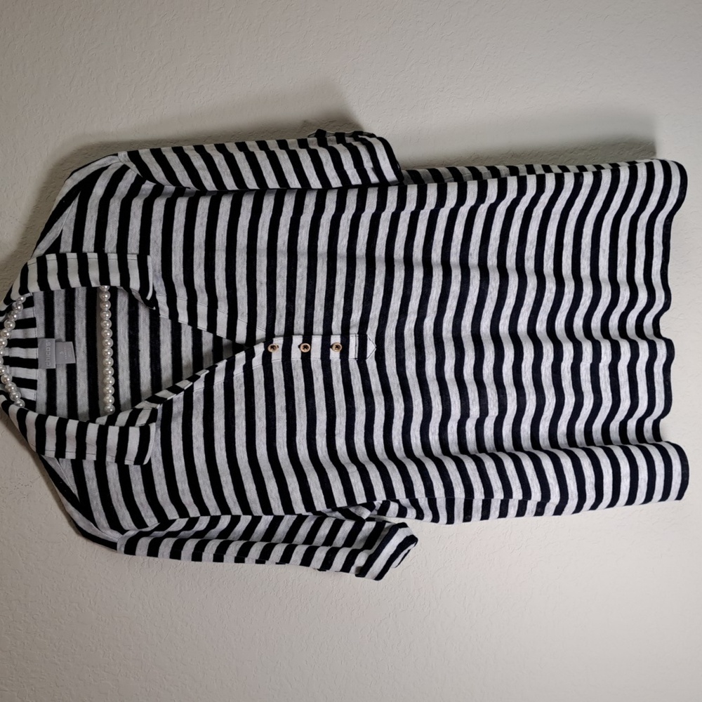 Chico’s Top Striped V-neck Collar Linen Navy White Stripe Short Sleeve Boxy XL